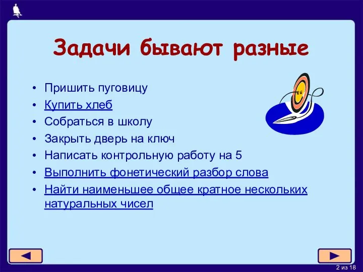 Задачи бывают разные Пришить пуговицу Купить хлеб Собраться в школу Закрыть