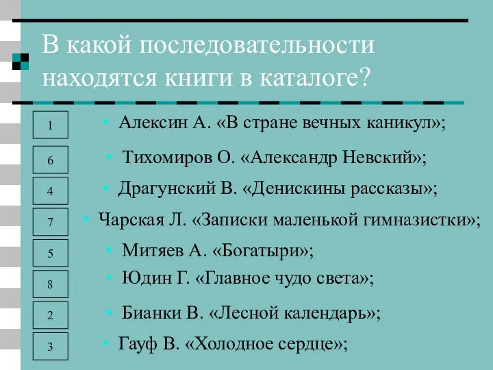 В какой последовательности находятся книги в каталоге? Алексин А. «В стране