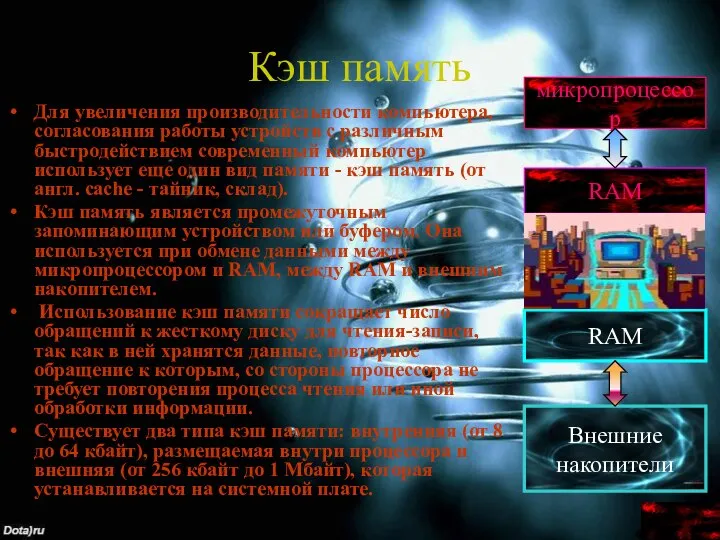 Кэш память Для увеличения производительности компьютера, согласования работы устройств с различным