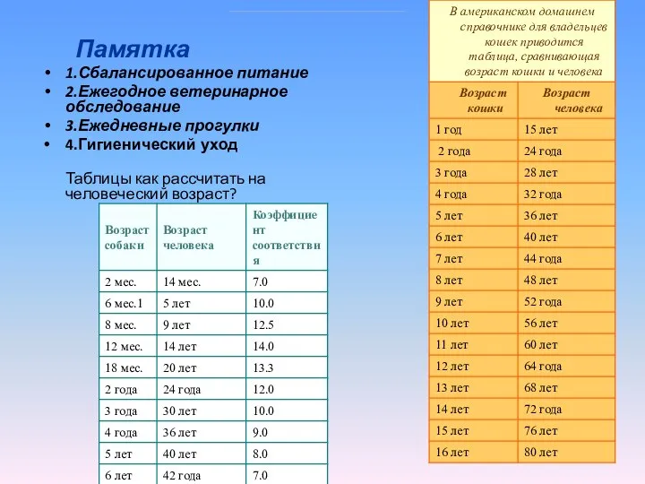 Памятка 1.Сбалансированное питание 2.Ежегодное ветеринарное обследование 3.Ежедневные прогулки 4.Гигиенический уход Таблицы как рассчитать на человеческий возраст?