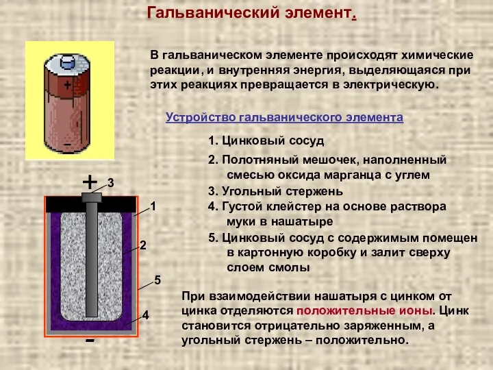 Гальванический элемент. В гальваническом элементе происходят химические реакции, и внутренняя энергия,