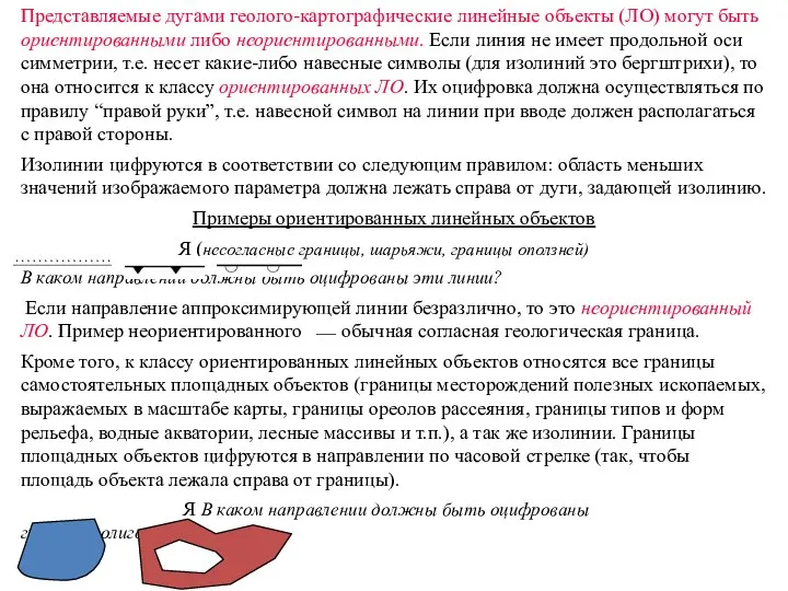 Представляемые дугами геолого-картографические линейные объекты (ЛО) могут быть ориентированными либо неориентированными.