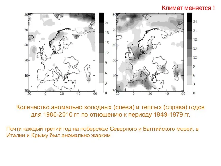 Количество аномально холодных (слева) и теплых (справа) годов для 1980-2010 гг.