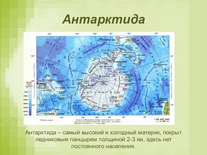 Антарктида Антарктида – самый высокий и холодный материк, покрыт ледниковым панцырем