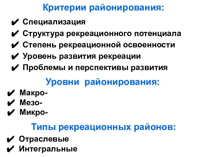 Критерии районирования: Специализация Структура рекреационного потенциала Степень рекреационной освоенности Уровень развития