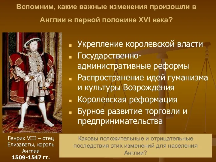 Генрих VIII – отец Елизаветы, король Англии 1509-1547 гг. Вспомним, какие