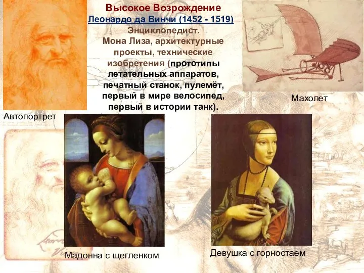 Высокое Возрождение Леонардо да Винчи (1452 - 1519) Энциклопедист. Мона Лиза,