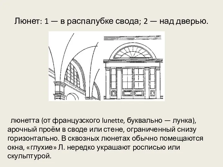 Люнет: 1 — в распалубке свода; 2 — над дверью. люнетта