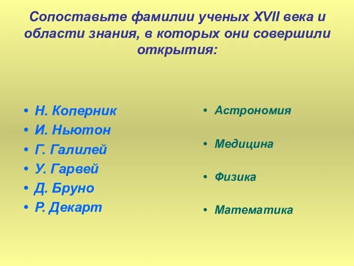 Сопоставьте фамилии ученых XVII века и области знания, в которых они