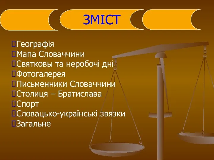 ЗМІСТ Географія Мапа Словаччини Святковы та неробочі дні Фотогалерея Письменники Словаччини