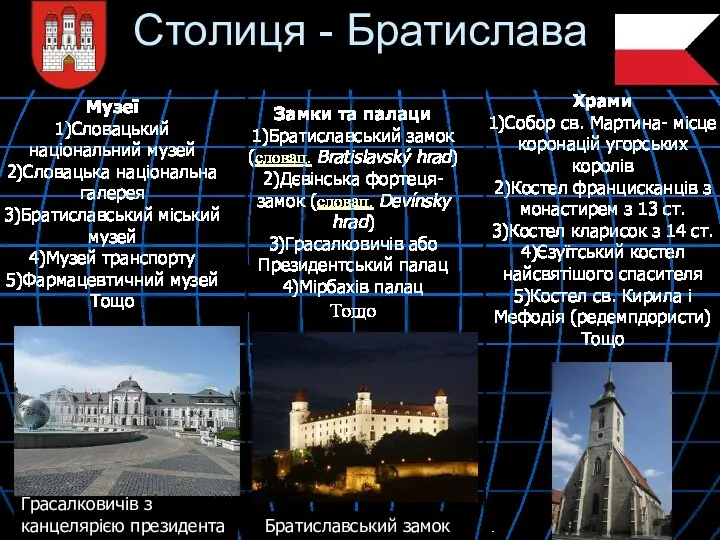 Грасалковичів з канцелярією президента Музеї 1)Словацький національний музей 2)Словацька національна галерея