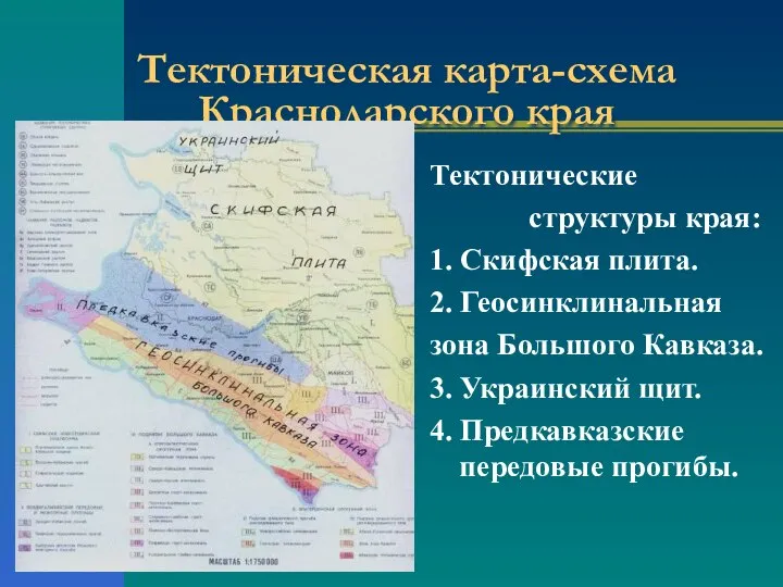 Тектоническая карта-схема Краснодарского края Тектонические структуры края: 1. Скифская плита. 2.