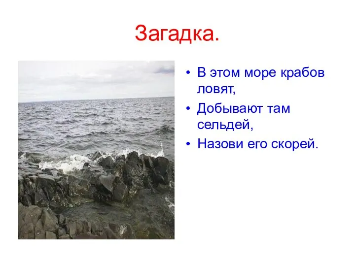 Загадка. В этом море крабов ловят, Добывают там сельдей, Назови его скорей.