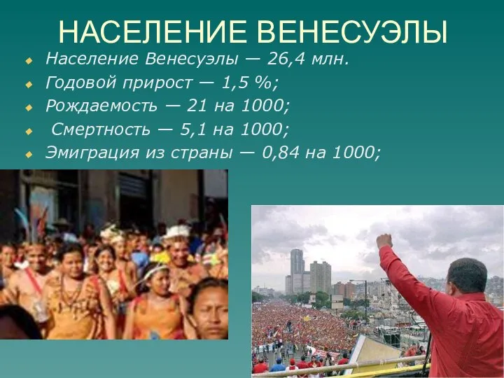 НАСЕЛЕНИЕ ВЕНЕСУЭЛЫ Население Венесуэлы — 26,4 млн. Годовой прирост — 1,5