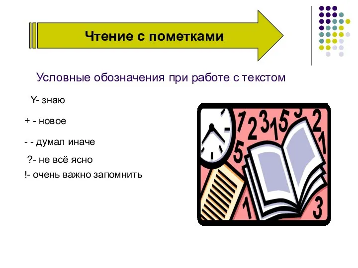 Чтение с пометками Условные обозначения при работе с текстом Y- знаю