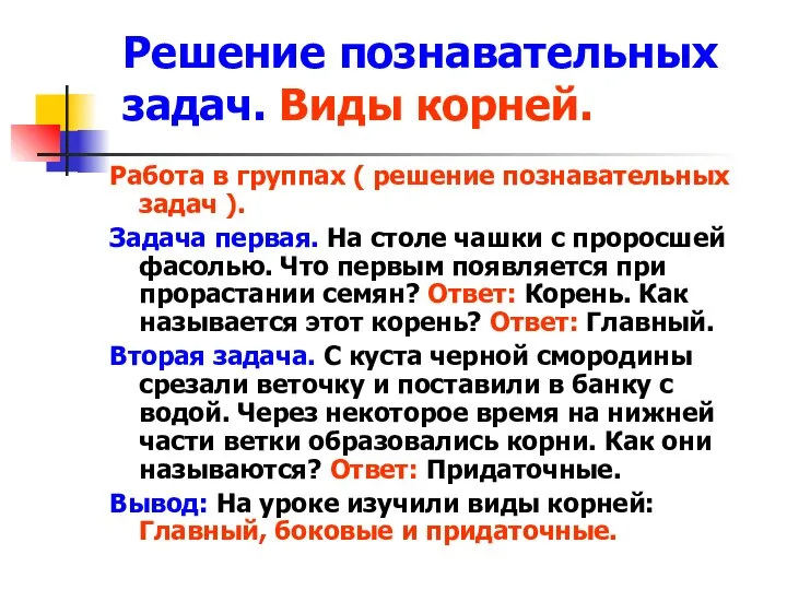 Решение познавательных задач. Виды корней. Работа в группах ( решение познавательных