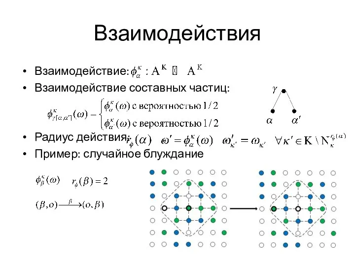 Взаимодействия Взаимодействие: Взаимодействие составных частиц: Радиус действия: , , Пример: случайное блуждание