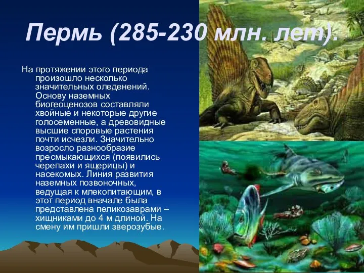 Пермь (285-230 млн. лет). На протяжении этого периода произошло несколько значительных