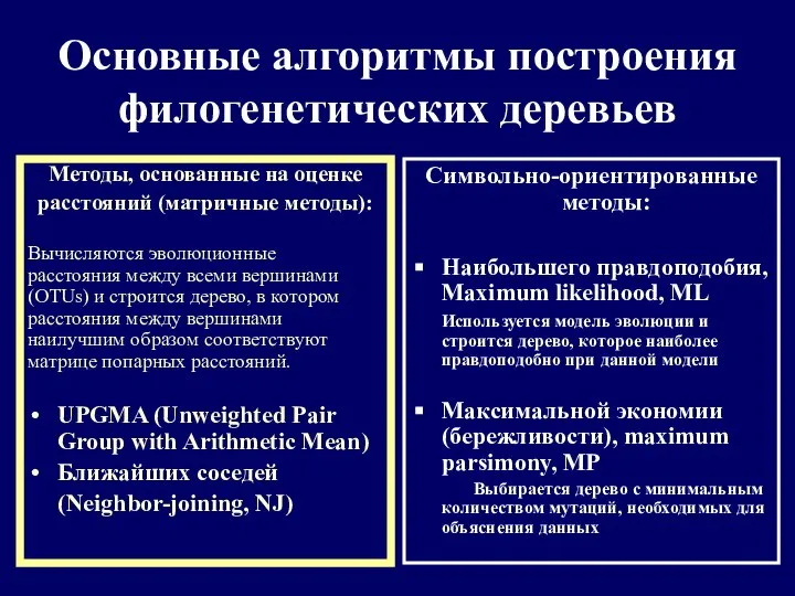 Основные алгоритмы построения филогенетических деревьев Методы, основанные на оценке расстояний (матричные