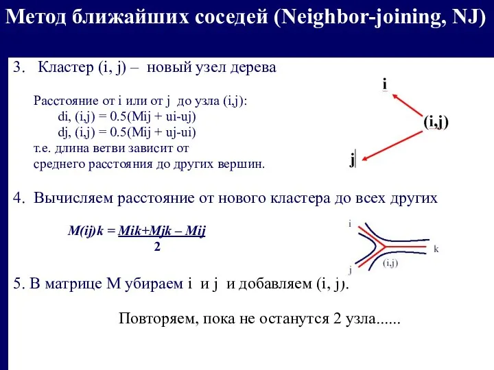 Метод ближайших соседей (Neighbor-joining, NJ) 3. Кластер (i, j) – новый