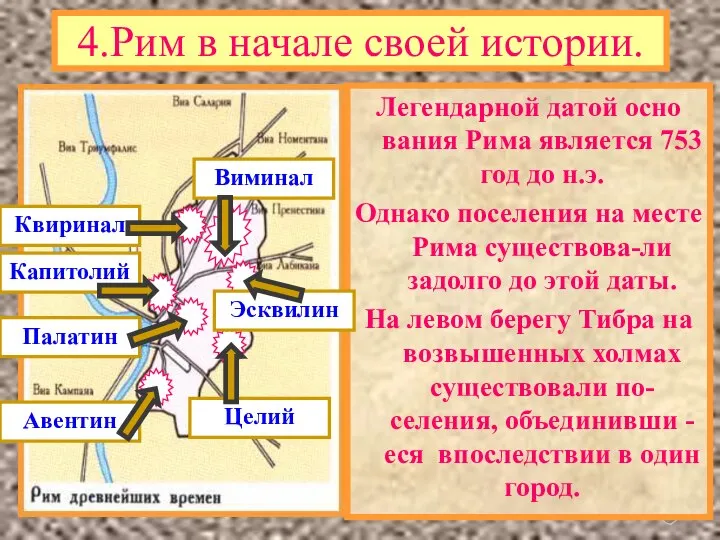 4.Рим в начале своей истории. Легендарной датой осно вания Рима является