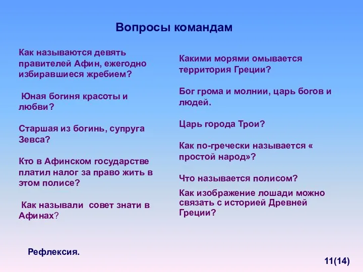 Вопросы командам Как называются девять правителей Афин, ежегодно избиравшиеся жребием? Юная