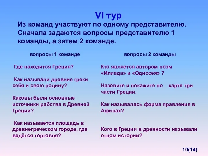 Из команд участвуют по одному представителю. Сначала задаются вопросы представителю 1