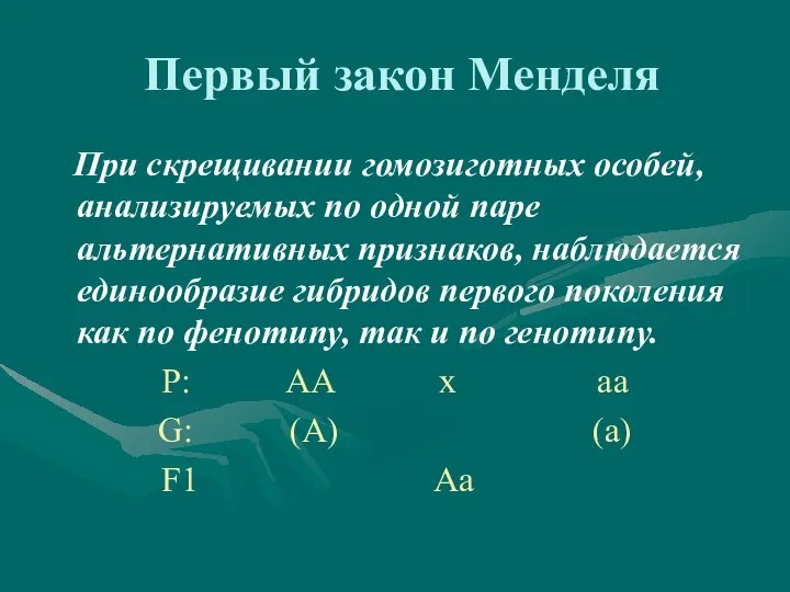 Первый закон Менделя При скрещивании гомозиготных особей, анализируемых по одной паре