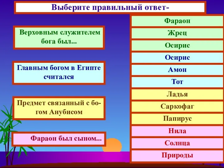 Выберите правильный ответ- Верховным служителем бога был... Главным богом в Египте