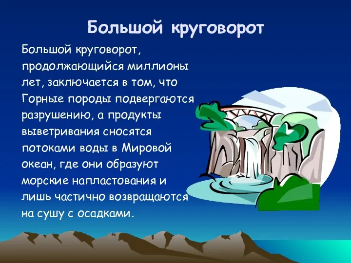 Большой круговорот Большой круговорот, продолжающийся миллионы лет, заключается в том, что