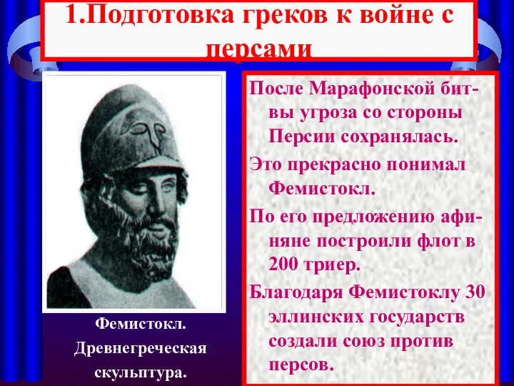 1.Подготовка греков к войне с персами После Марафонской бит-вы угроза со