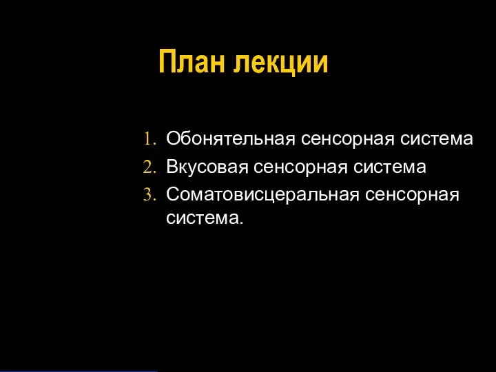 План лекции Обонятельная сенсорная система Вкусовая сенсорная система Соматовисцеральная сенсорная система.