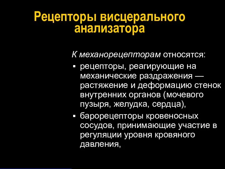 Рецепторы висцерального анализатора К механорецепторам относятся: рецепторы, реагирующие на механические раздражения