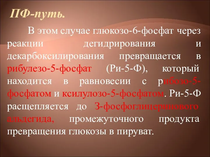 ПФ-путь. В этом случае глюкозо-6-фосфат через реакции дегидрирования и декарбоксилирования превращается