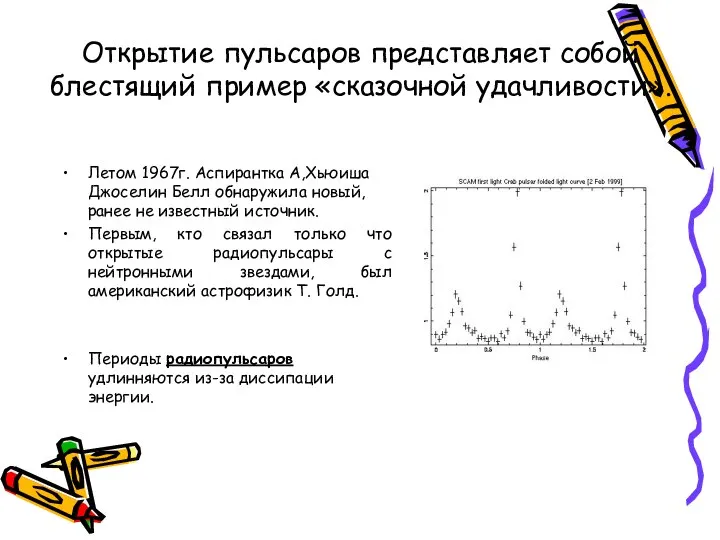 Открытие пульсаров представляет собой блестящий пример «сказочной удачливости». Летом 1967г. Аспирантка