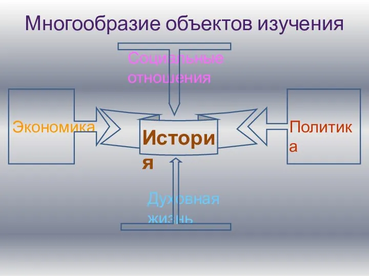 Многообразие объектов изучения История Экономика Политика Социальные отношения Духовная жизнь