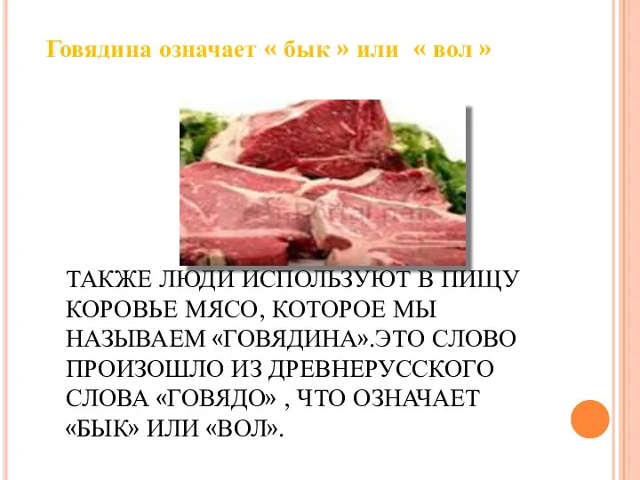 ТАКЖЕ ЛЮДИ ИСПОЛЬЗУЮТ В ПИЩУ КОРОВЬЕ МЯСО, КОТОРОЕ МЫ НАЗЫВАЕМ «ГОВЯДИНА».ЭТО