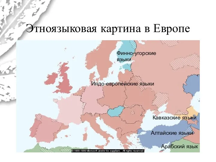 Этноязыковая картина в Европе Индо-европейские языки Алтайские языки Финно-угорские языки Арабский язык Кавказские языки
