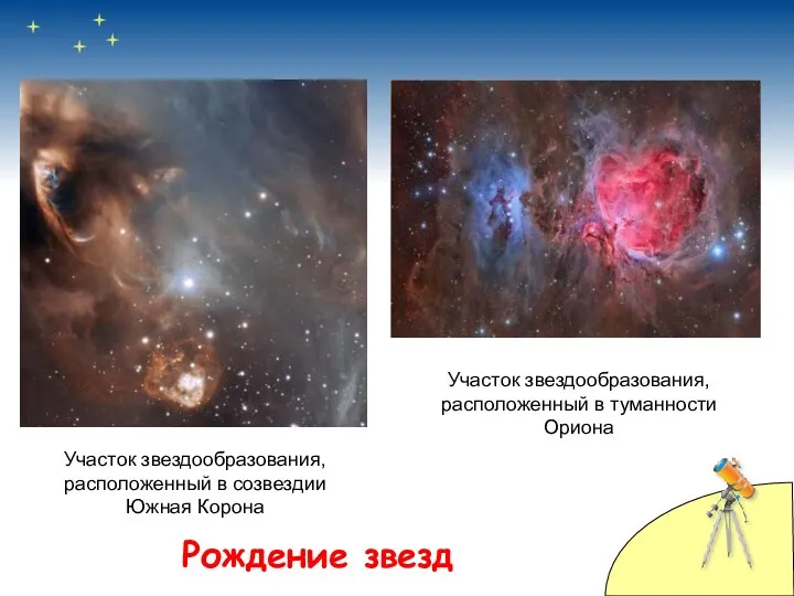 Рождение звезд Участок звездообразования, расположенный в созвездии Южная Корона Участок звездообразования, расположенный в туманности Ориона