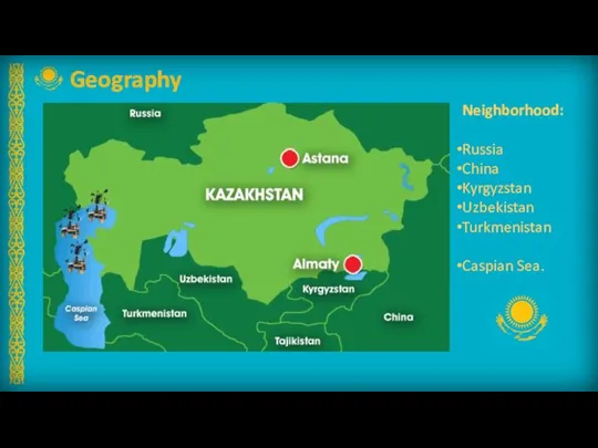 Geography Neighborhood: Russia China Kyrgyzstan Uzbekistan Turkmenistan Caspian Sea.