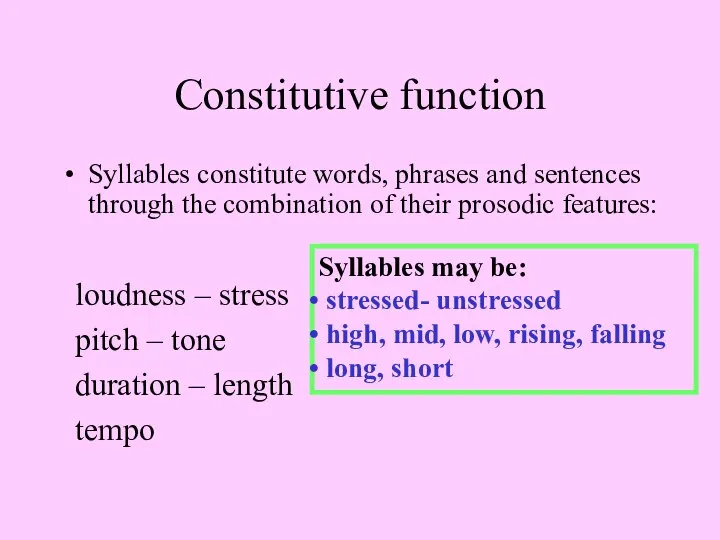 Constitutive function Syllables constitute words, phrases and sentences through the combination