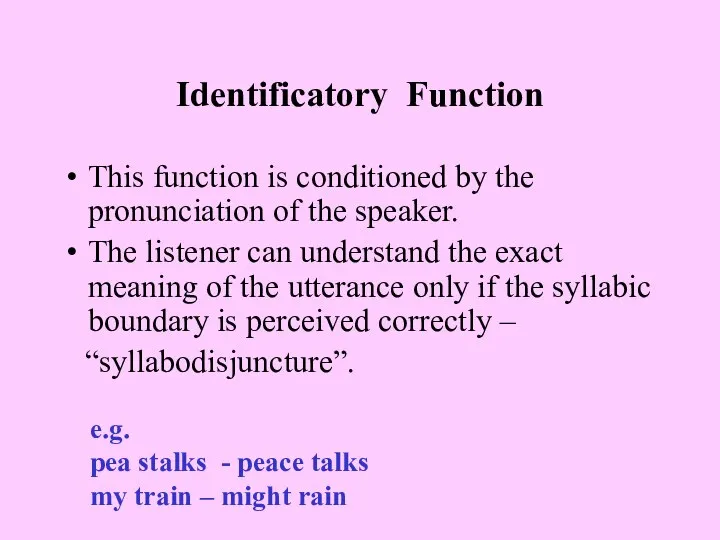Identificatory Function This function is conditioned by the pronunciation of the