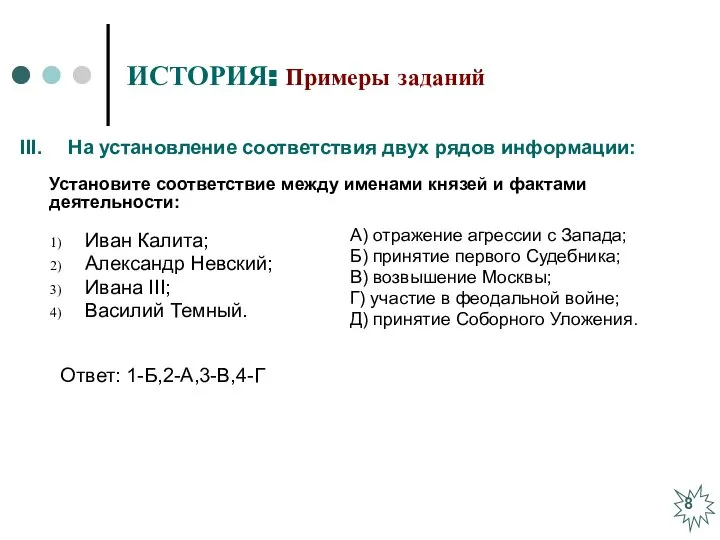 ИСТОРИЯ: Примеры заданий Иван Калита; Александр Невский; Ивана III; Василий Темный.