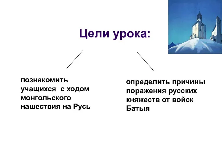 Цели урока: определить причины поражения русских княжеств от войск Батыя познакомить