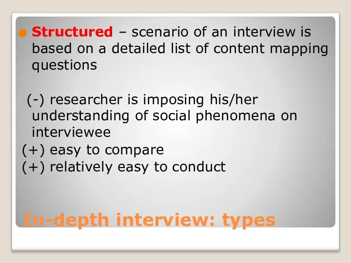 In-depth interview: types Structured – scenario of an interview is based