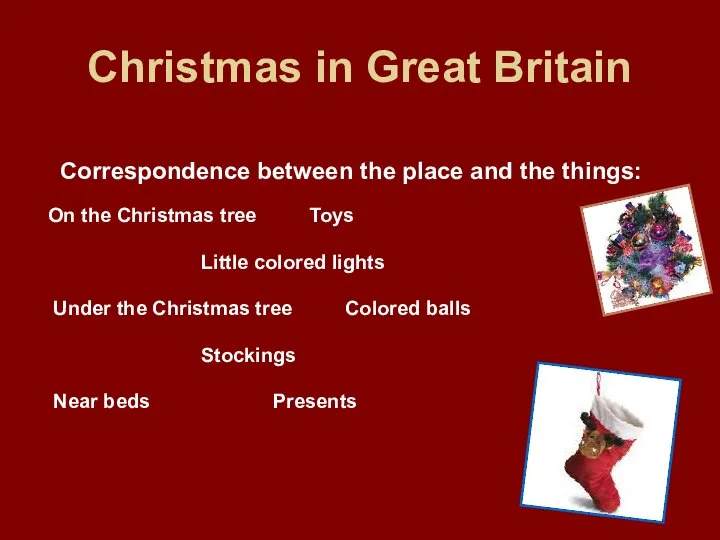 Christmas in Great Britain Correspondence between the place and the things: