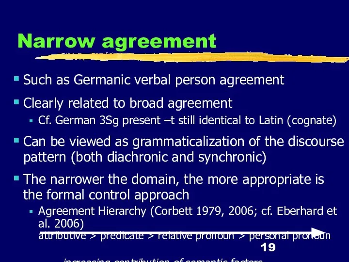 Narrow agreement Such as Germanic verbal person agreement Clearly related to