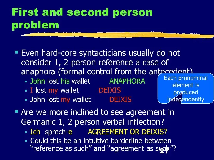 First and second person problem Even hard-core syntacticians usually do not