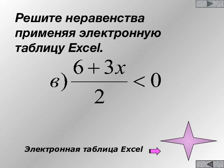 Решите неравенства применяя электронную таблицу Excel. Электронная таблица Excel