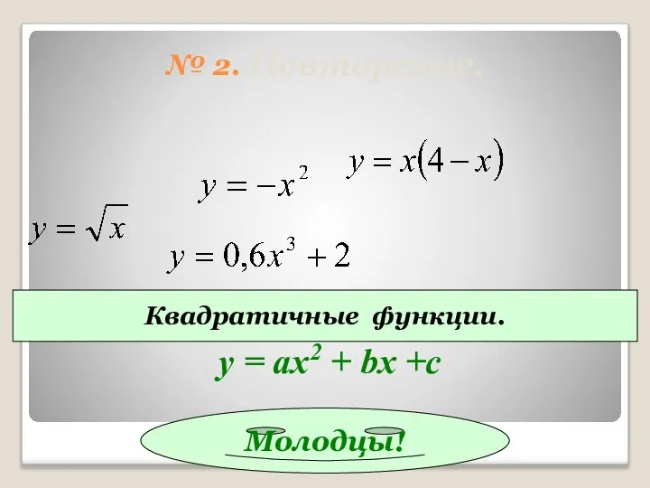 № 2. Повторение. Квадратичные функции. Молодцы! у = ах2 + bx +c